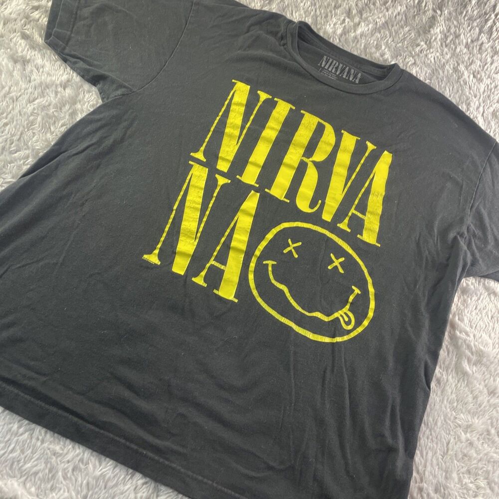 Nirvana Shirt Mens Extra Large Black Yellow Band Smiley Face Grunge 90s Music